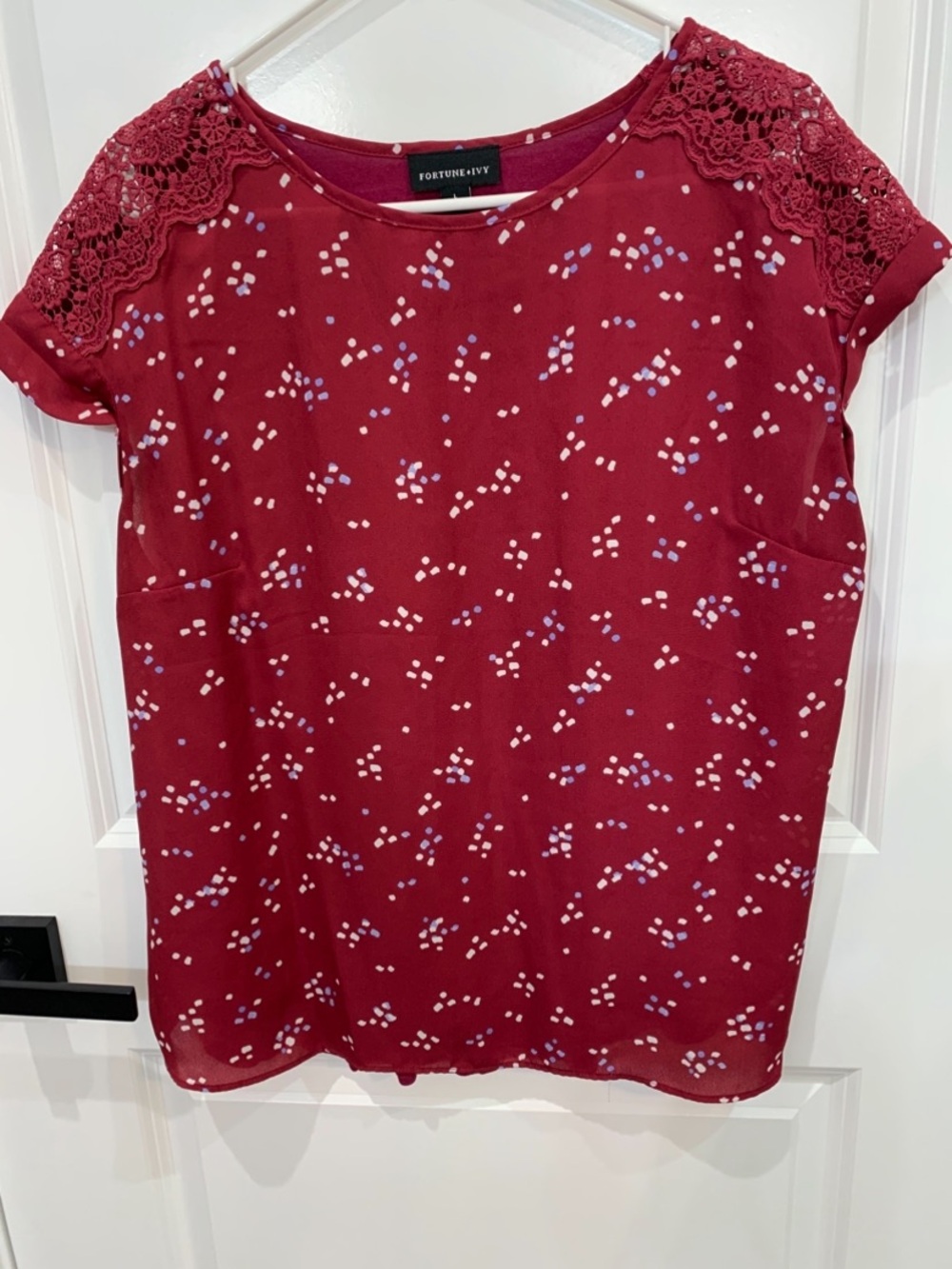 Fortune & Ivy Burgundy Lace-Shoulder Dot Print Blouse